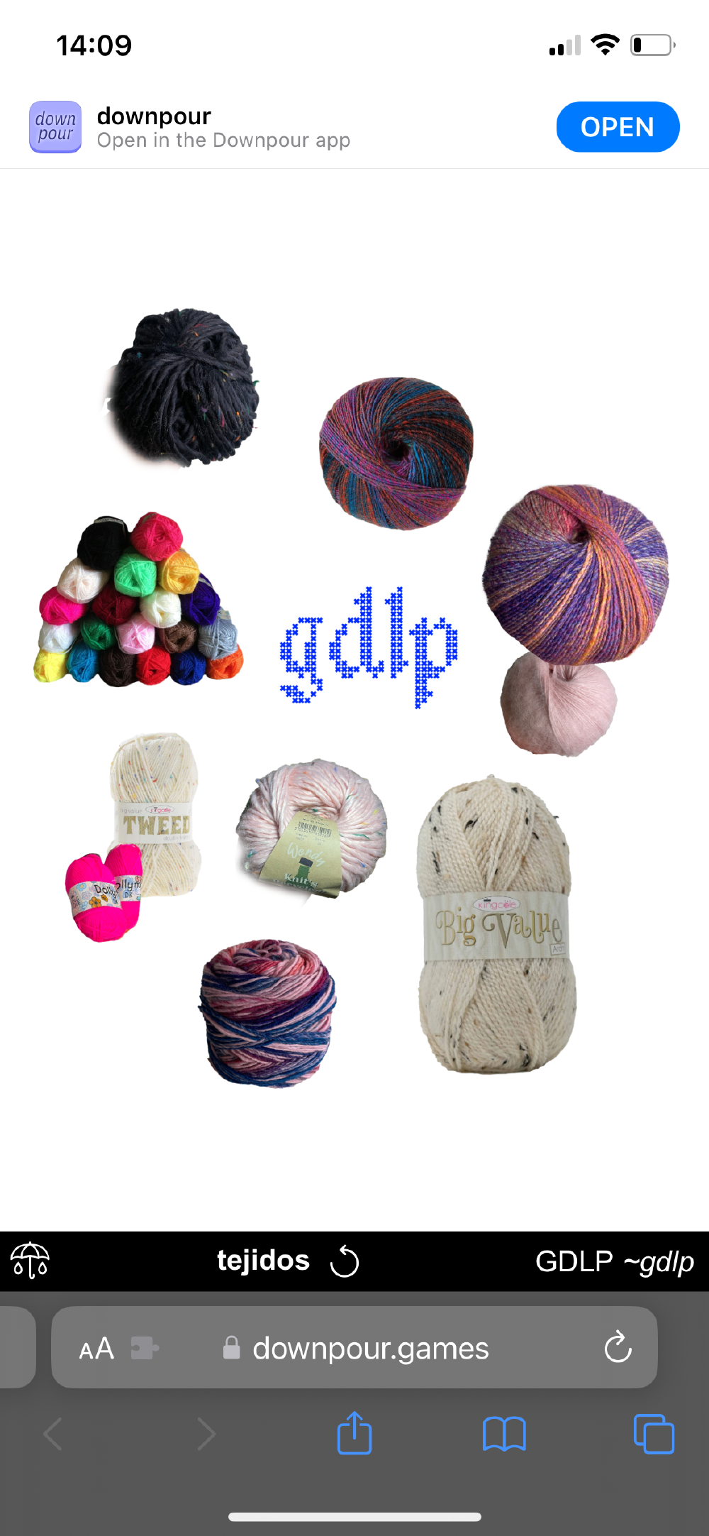 a phone screenshot showing a bunch of yarn in different colours and weights all floating around gabrielle's initials in the stitch fiddle font