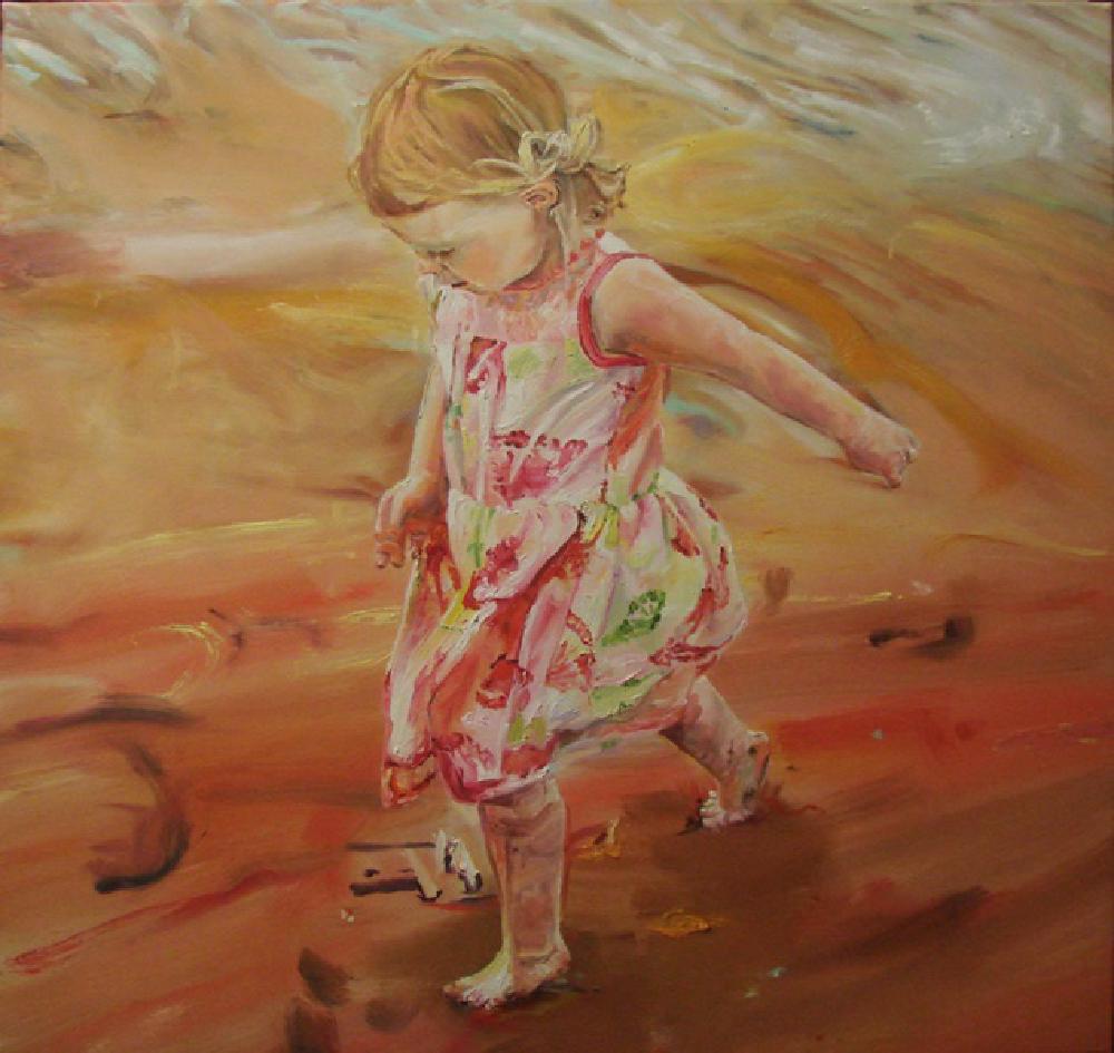 a little white girl walks on the beach in a pink and green flowery dress, colour turning into wavy sand, her curly hair blending in too, the shot is from above her, taken by the parent walking with their kid