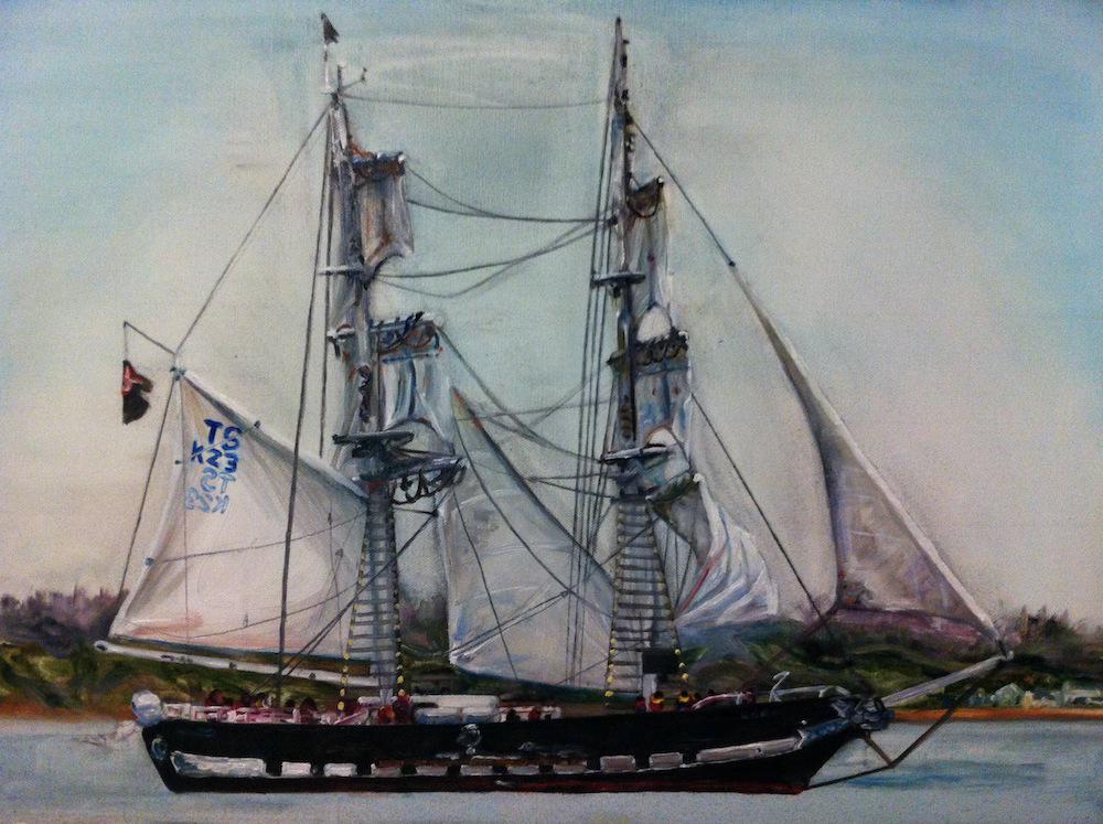 there is a tallship, the t.s. royale if i remember correctly, painting against a blue sky