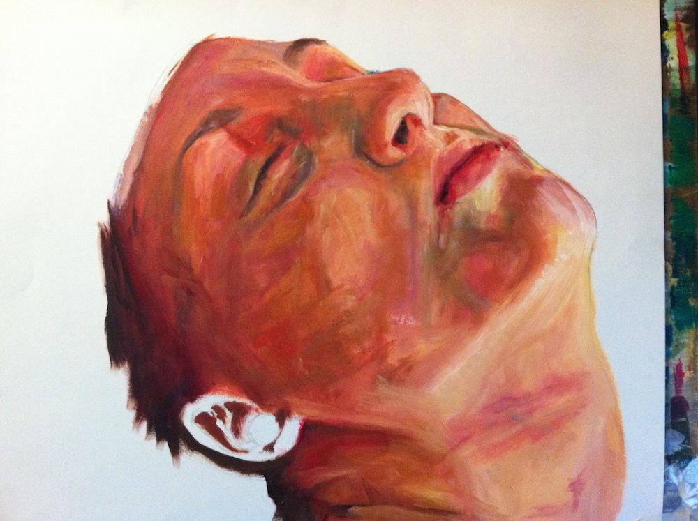 an unfinished painting of a white girl holding her head back, eyes closed, as if she is putting her hair back into water, but there's no hair painted yet, only her face