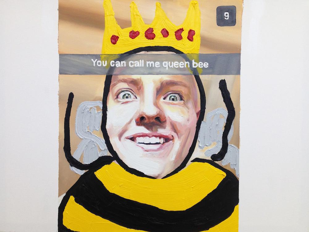 another painted snapchat screenshot of a white boy looking crazy with eyes wide, with a harsh black yellow and grey digital painting over him of a bee with a crown on and text over top says you can call me queen bee