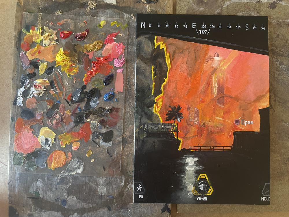 a painting of an apex legends screenshot i did next to the palette, the image is of the ring coming in, bright red orange with the silhouettes of palm trees and huts around the edge