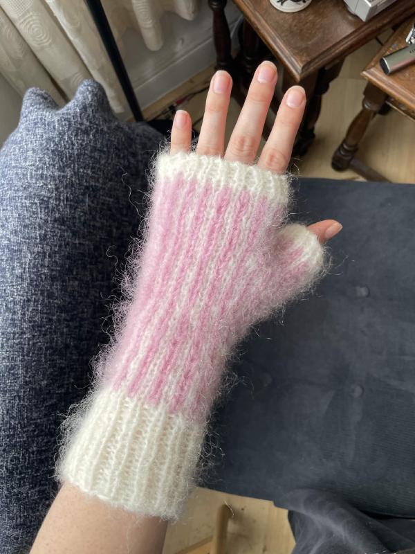 fluffy pink and white grey vertically-striped fingerless mittens