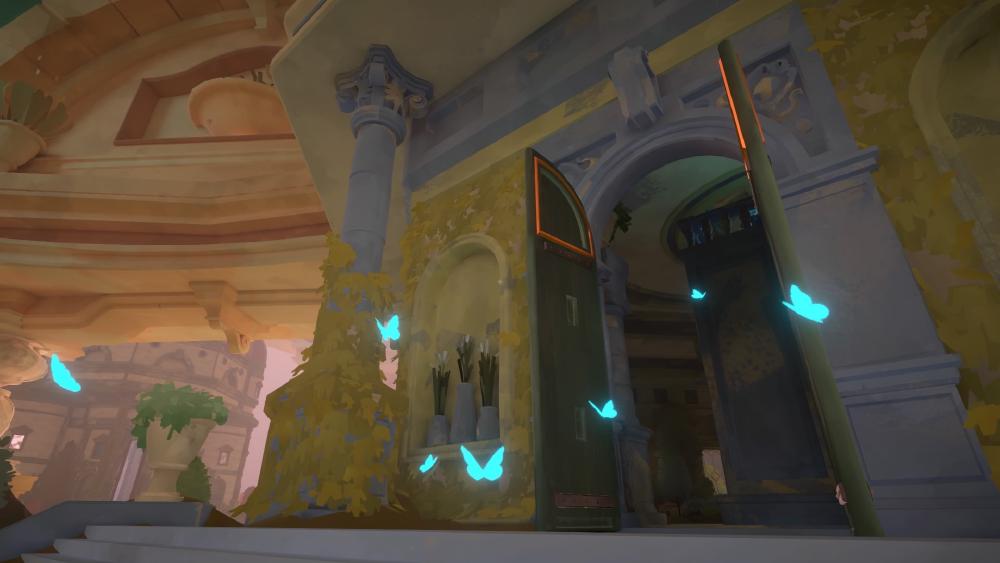 in front of the doorway to a building, which is quite a dull scene, there are electric blue butterflies lighting up the foreground, unreal, no detail, just blue shapes twitching