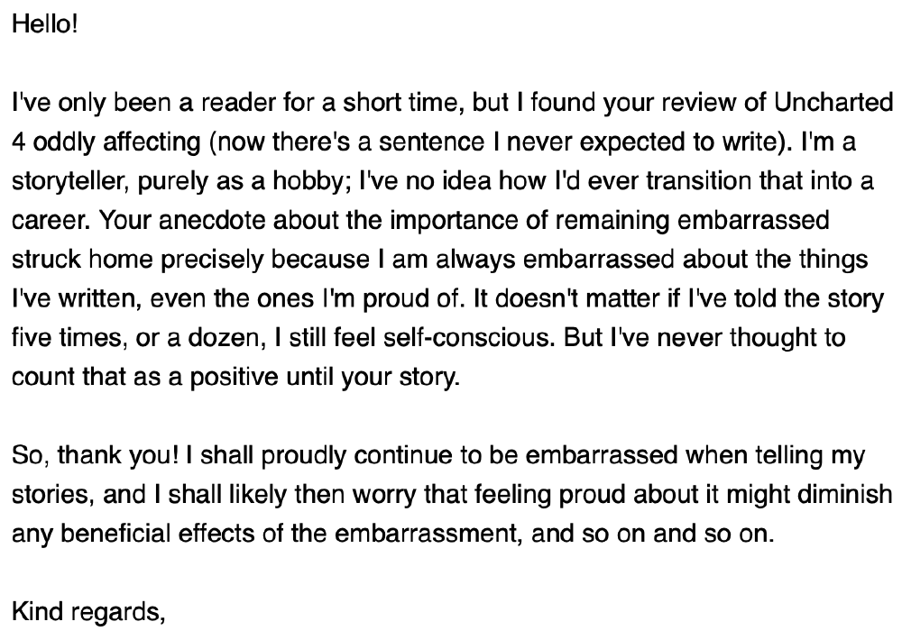 two people on a bridge look up at a huge scary grinning figure which has a bandaged face and one green eye visible