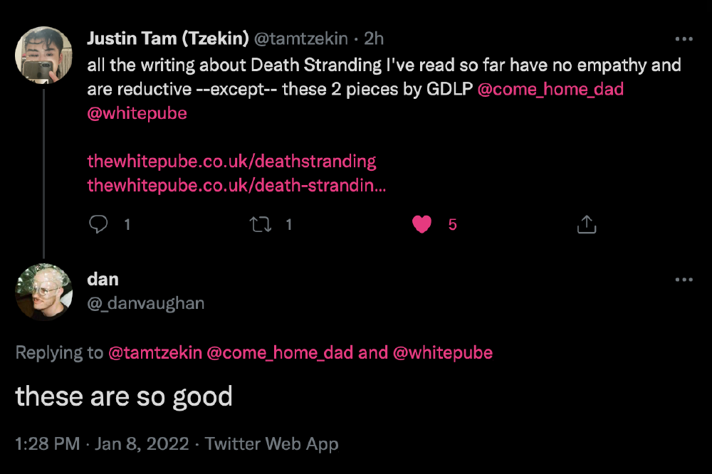 two people on a bridge look up at a huge scary grinning figure which has a bandaged face and one green eye visible