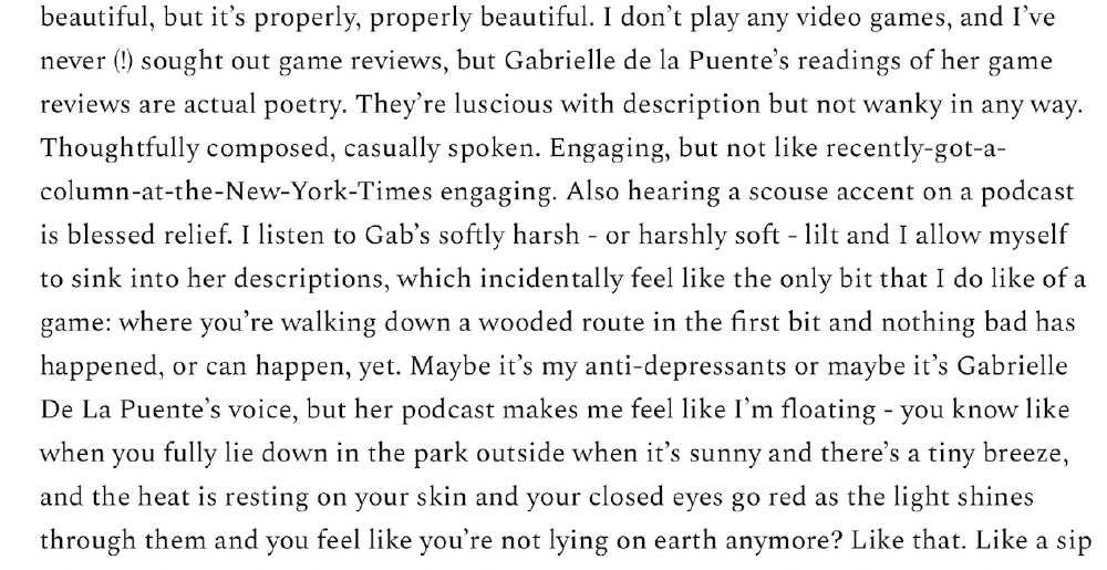 two people on a bridge look up at a huge scary grinning figure which has a bandaged face and one green eye visible