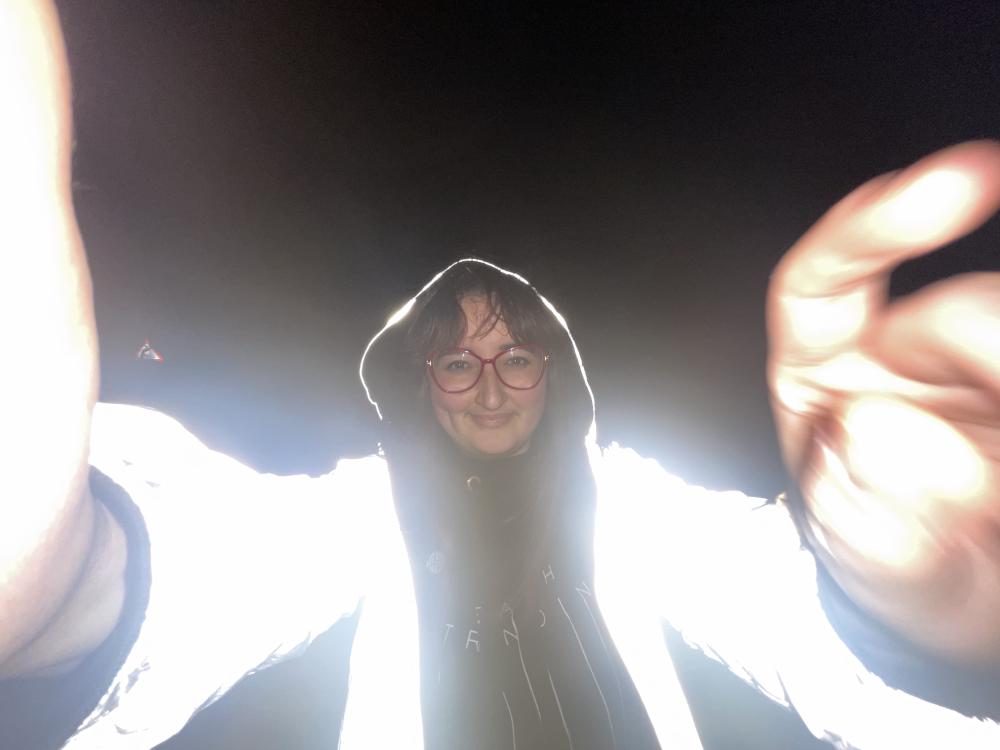 gab selfie with one of those silver reflective jackets on that shines really bright in the flash
