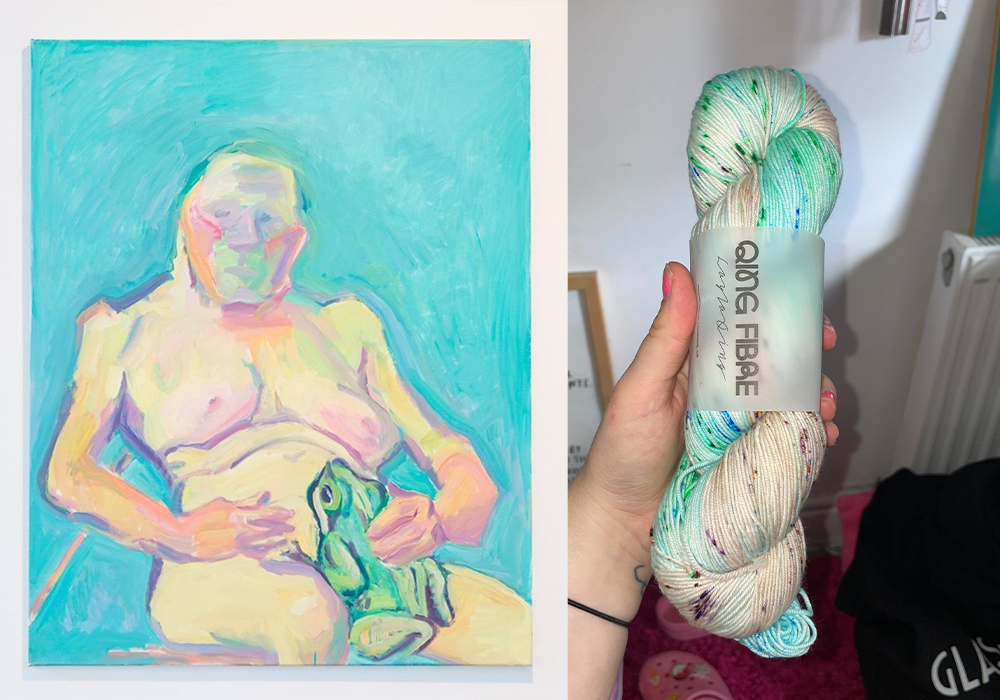 qing fibre's glacier yarn compared to maria lassnig's frog princess