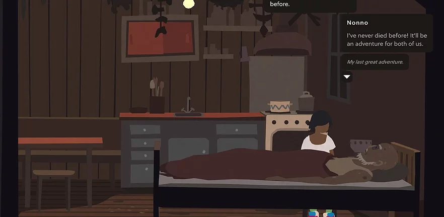 a brown girl is sat next to her grandfather nonno who is lying in bed saying &lsquo;I&rsquo;ve never died before! I&rsquo;ll be an adventure for both of us. My last great adventure"