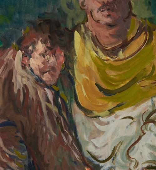 a close up of the previous painting showing the big brushstrokes that make up the clothes, which look like a shirt, and then a cloak like garment around one of their shoulders