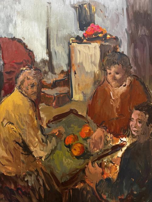 a close-up of the previous painting showing there are oranges on the table, and the faces are vague