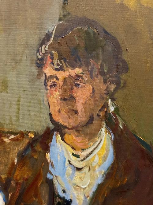 a close up of the previous painting showing the man's face is made up of curls of brushstrokes that carry on through the curls in his hair