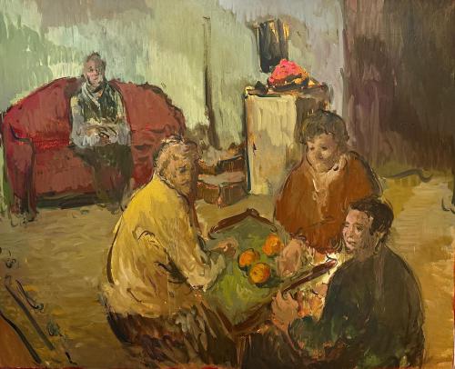 a painting of a group of people sat around a table low on the ground with some oranges between them, and someone on a red couch in the background. the style is painterly, thick daubs, muted colours, rough details