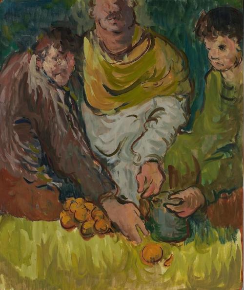 a painting of three people close together, vague and slightly abstract in the big wavy brushstrokes, as they reach hands out towards a pile of oranges on the floor next to them