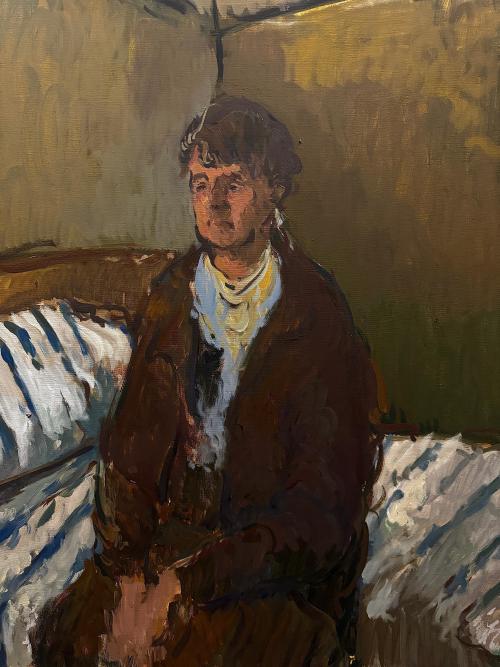 a painting of a man as he sits on the edge of a bed wearing a dark jacket, a light blue shirt showing by the collar, the man has hands together on his lap and it has a sad feeling