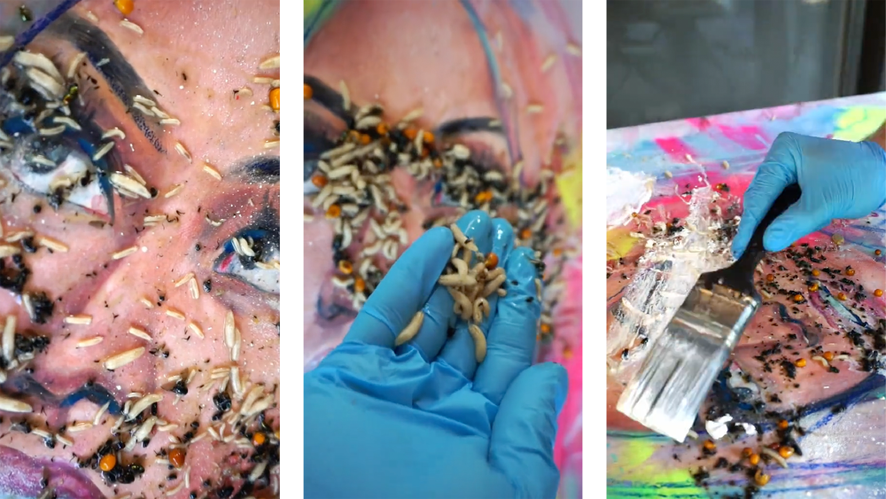 screenshots from the artist's video showing maggots over a painting of Nicki Minaj, the artist handling them, and also painting over top of them in white
