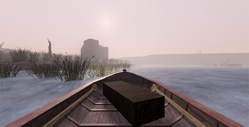 game still showing the boat pov as it heads into marshy waters