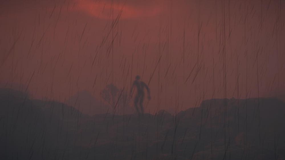 a dark red sky, rain streaking across the view, and the outline of a ghost or BT hovering above ground