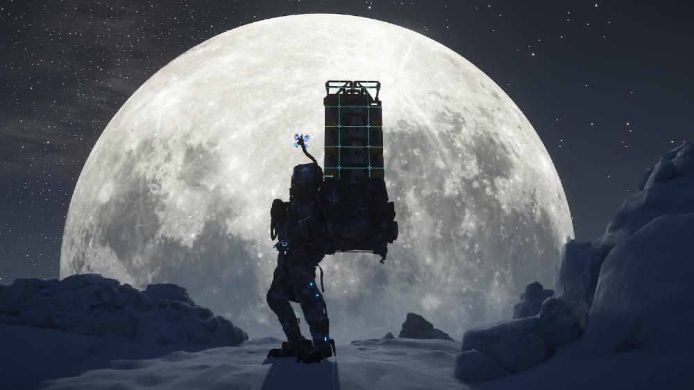 sam has a backpack on full of cargo and he is standing at the top of a mountain, his silhouette framed by a huge full moon