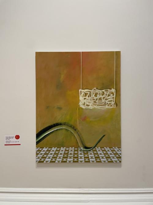 ally fallon's painting, which has a mostly ochre background with a bit of red white and green mixed in, abstract, with a squiggly white line to one side, a black S shaped brush stroke below, and some sharper detail at the bottom like a tiled floor