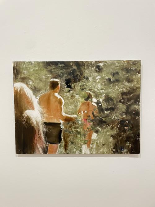 samantha fellows painting showing people walking into foliage and being cut off by trees, in a really hazy light